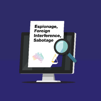 Magnifying glass looking at a document titled 'Espionage, Foreign Interference, Sabotage'